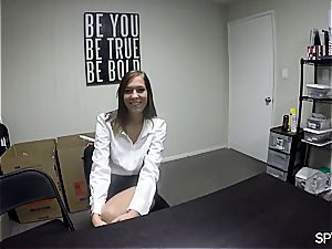 Tall teen babe shoots a load for a job interview, leaves decorated in cum